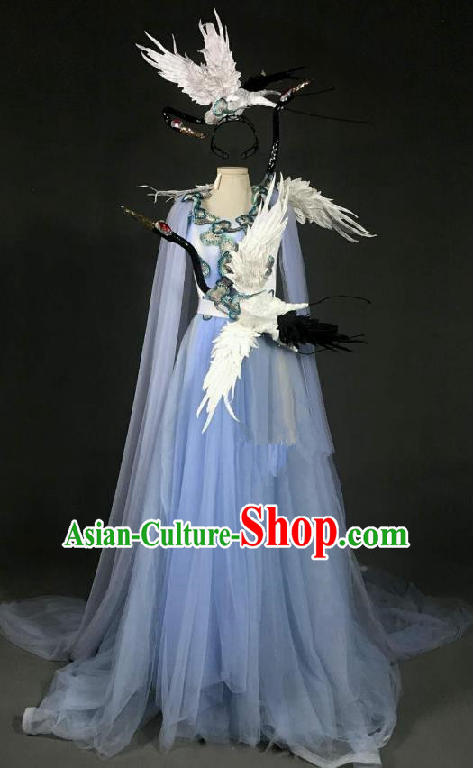 Top Grade Stage Performance Costume Models Catwalks Crane Blue Full Dress for Women