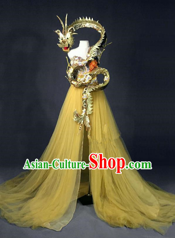 Top Grade Stage Performance Costume Models Catwalks Dragon Yellow Full Dress for Women