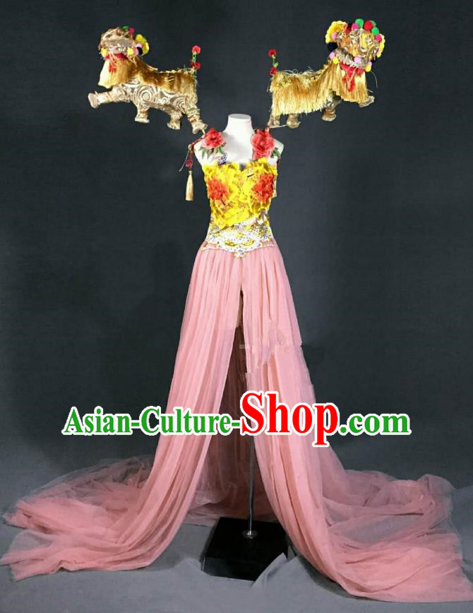 Top Grade Stage Performance Costume Models Catwalks Lion Pink Full Dress for Women