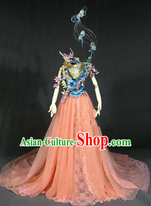 Top Grade Stage Performance Costume Models Catwalks Dragon Orange Full Dress for Women