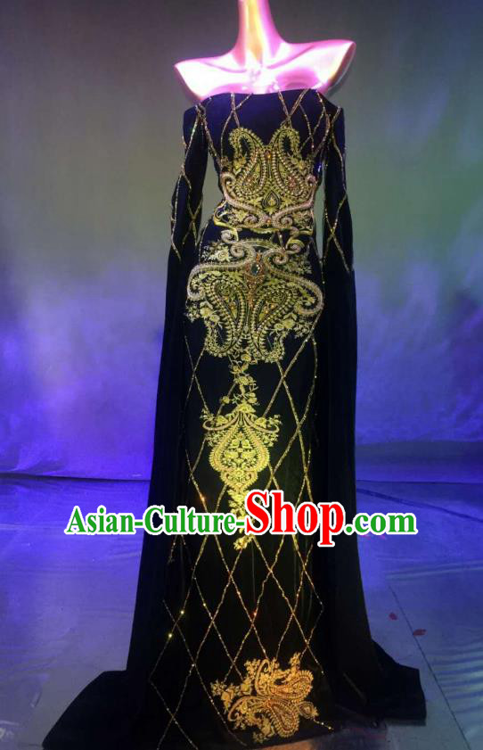 Top Grade Stage Performance Compere Costume Models Catwalks Black Full Dress for Women