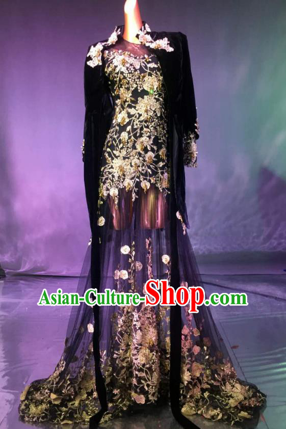 Top Grade Stage Performance Compere Costume Models Catwalks Black Veil Full Dress for Women