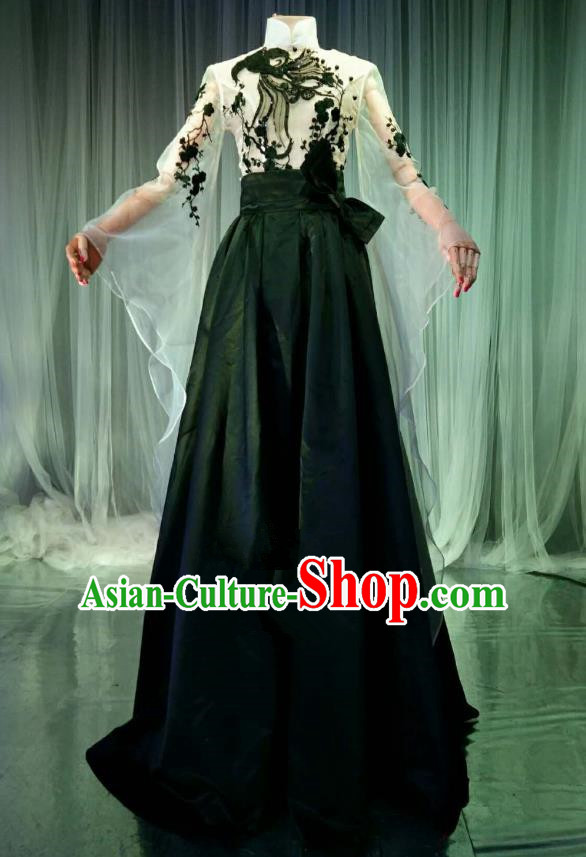 Top Grade Models Catwalks Costume Compere Stage Performance Black Full Dress for Women