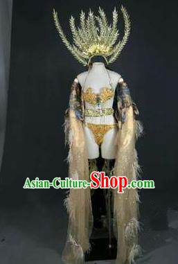 Top Grade Models Catwalks Feather Costume and Headwear Compere Stage Performance Full Dress for Women