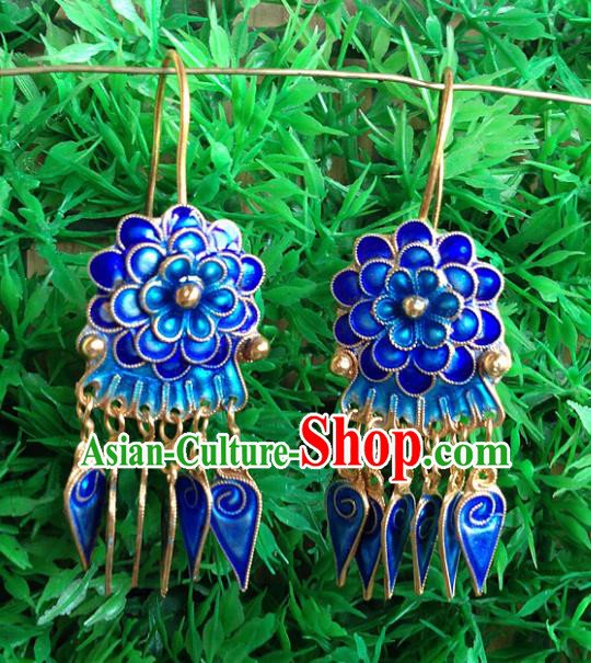 Handmade Chinese Miao Nationality Blueing Flowers Tassel Earrings Hmong Sliver Eardrop for Women