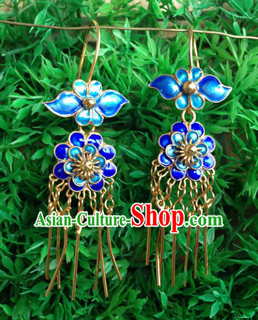 Handmade Chinese Miao Nationality Blueing Lotus Tassel Earrings Hmong Sliver Eardrop for Women