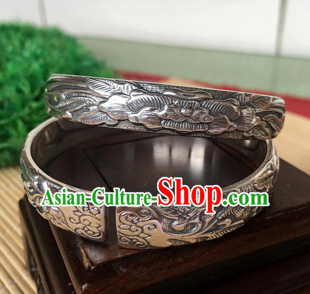 Handmade Chinese Miao Nationality Craft Carving Lotus Sliver Bracelet Traditional Hmong Bangle for Women