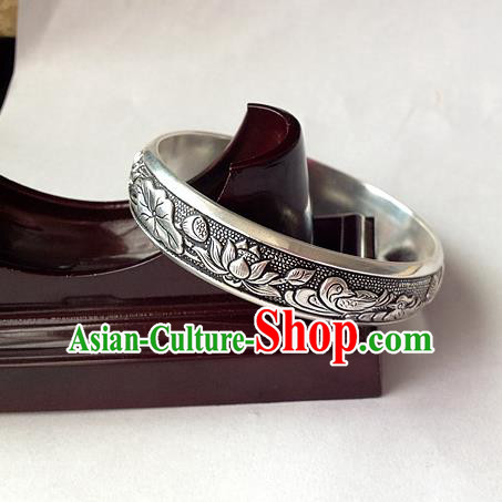 Handmade Chinese Miao Nationality Craft Carving Mandarin Duck Sliver Bracelet Traditional Hmong Bangle for Women