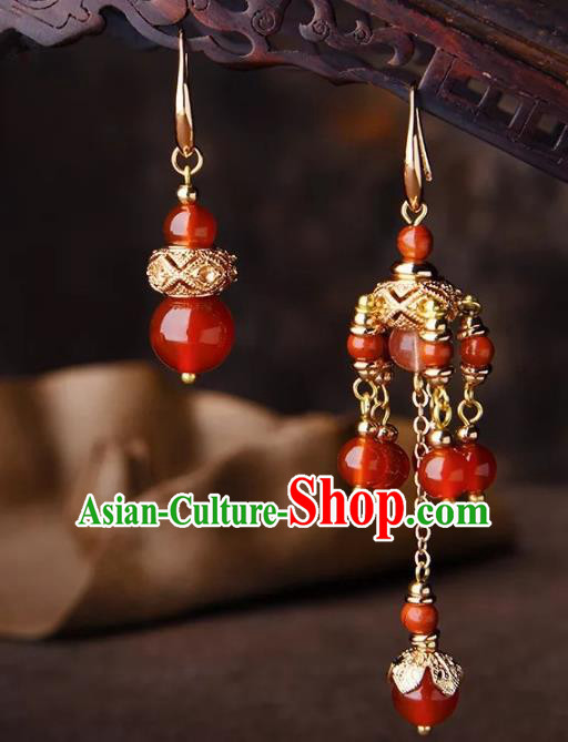 Chinese Traditional Jewelry Accessories Ancient Palace Hanfu Red Beads Earrings for Women