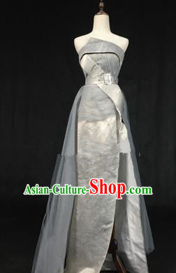 Top Grade Models Catwalks Costume Grey Full Dress Stage Performance Compere Clothing for Women