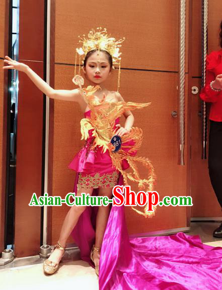 Children Models Show Costume Chinese Stage Performance Catwalks Clothing and Headpiece for Kids