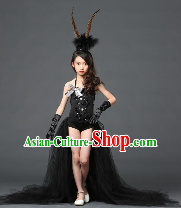 Children Models Show Costume Stage Performance Modern Dance Catwalks Black Veil Trailing Dress for Kids