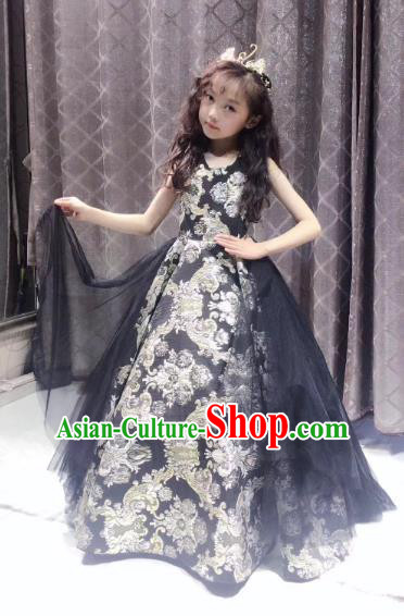 Children Models Show Costume Stage Performance Modern Dance Catwalks Princess Black Veil Dress for Kids