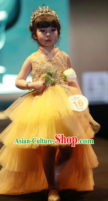 Children Models Show Costume Stage Performance Modern Dance Catwalks Princess Yellow Veil Trailing Dress for Kids