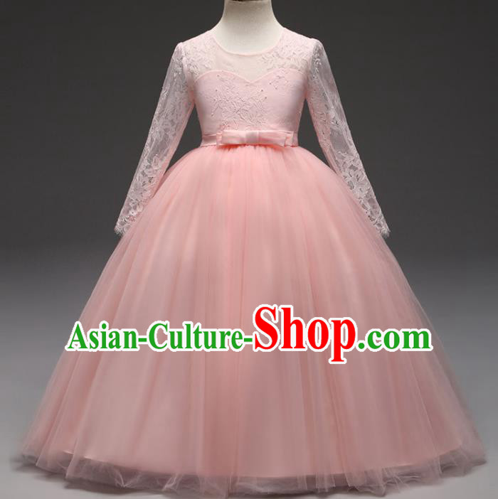 Children Models Show Costume Stage Performance Modern Dance Compere Pink Lace Veil Dress for Kids