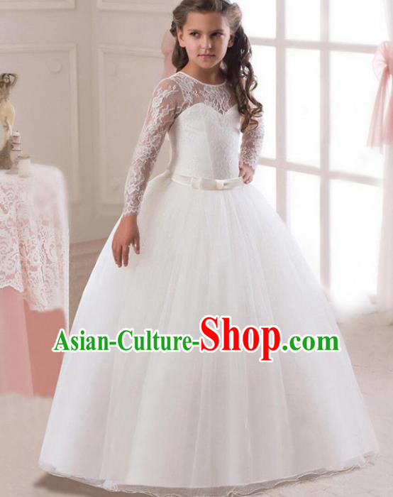 Children Models Show Costume Stage Performance Modern Dance Compere White Lace Veil Dress for Kids