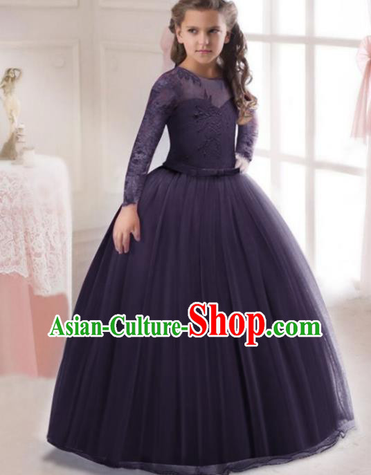 Children Models Show Costume Stage Performance Modern Dance Compere Purple Lace Veil Dress for Kids