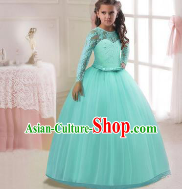 Children Models Show Costume Stage Performance Modern Dance Compere Green Lace Veil Dress for Kids