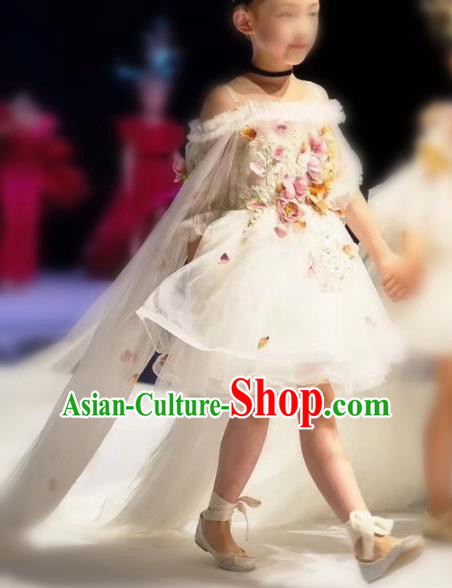 Children Models Show Costume Stage Performance Catwalks Compere White Veil Trailing Dress for Kids