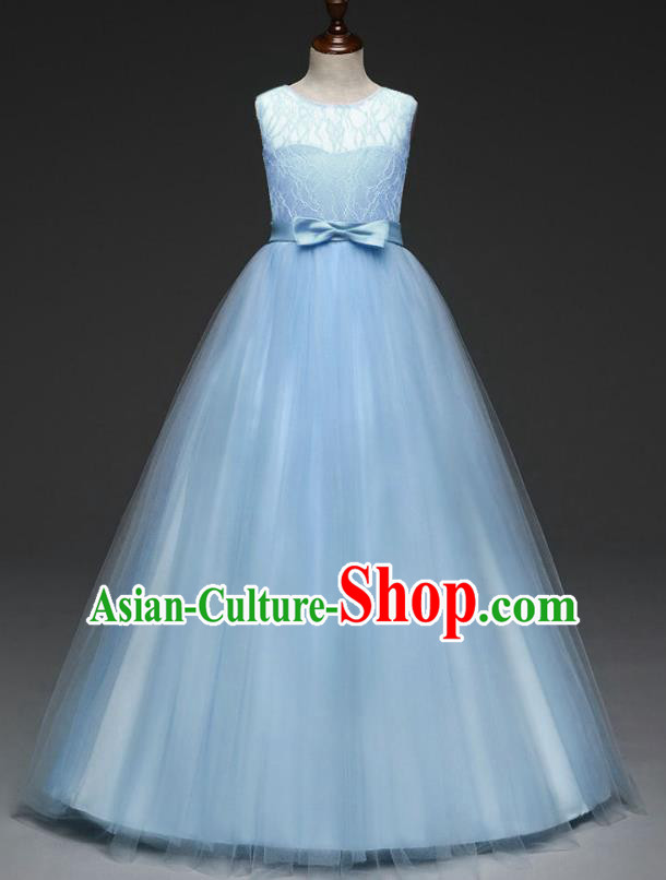 Children Models Show Costume Stage Performance Catwalks Compere Blue Veil Dress for Kids