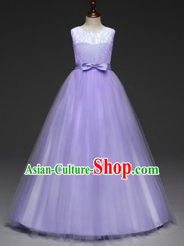 Children Models Show Costume Stage Performance Catwalks Compere Purple Veil Dress for Kids