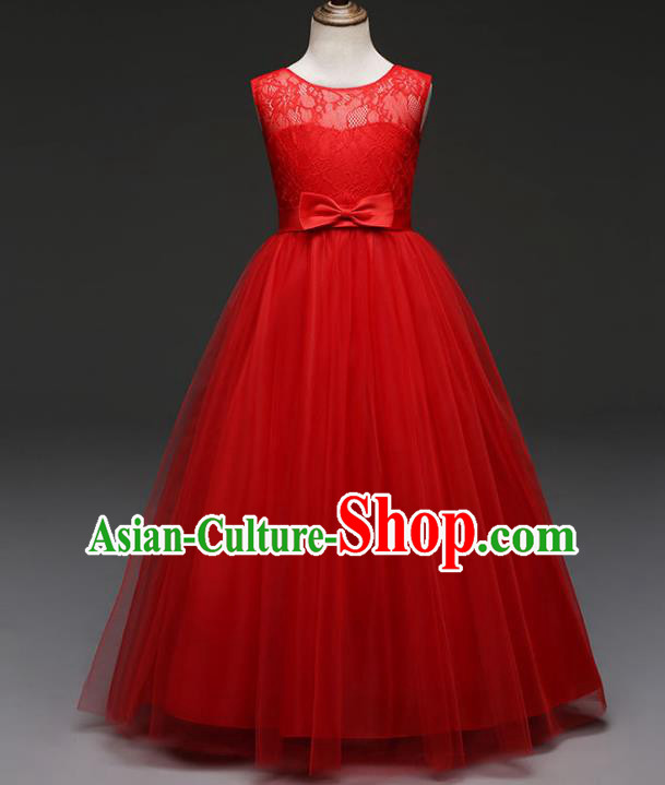 Children Models Show Costume Stage Performance Catwalks Compere Red Veil Dress for Kids