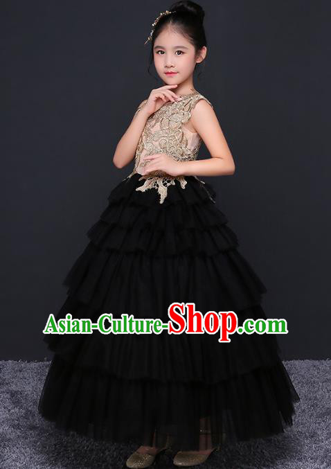 Children Models Show Costume Stage Performance Catwalks Black Veil Dress for Kids