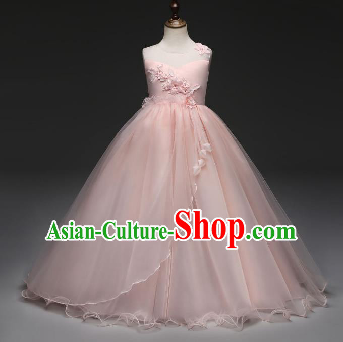 Children Models Show Costume Stage Performance Catwalks Compere Princess Pink Dress for Kids