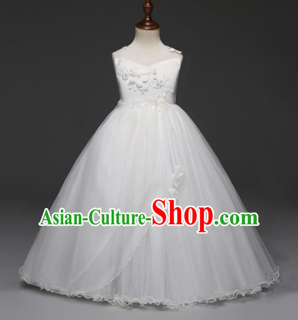 Children Models Show Costume Stage Performance Catwalks Compere Princess White Dress for Kids