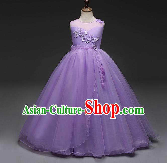 Children Models Show Costume Stage Performance Catwalks Compere Princess Purple Dress for Kids