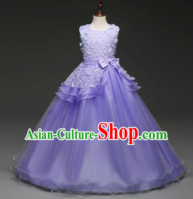 Children Models Show Costume Stage Performance Catwalks Compere Princess Purple Bubble Dress for Kids