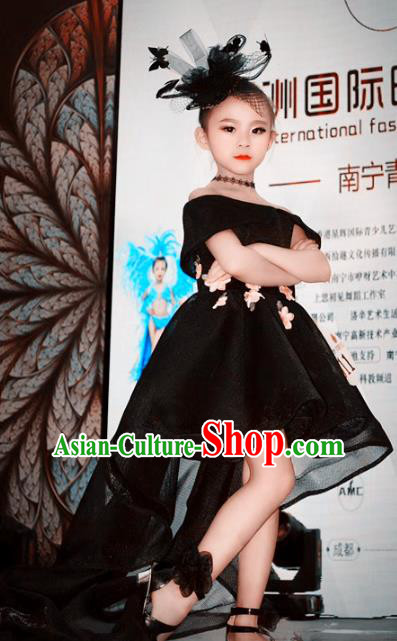 Children Models Show Costume Stage Performance Catwalks Compere Black Trailing Bubble Dress for Kids