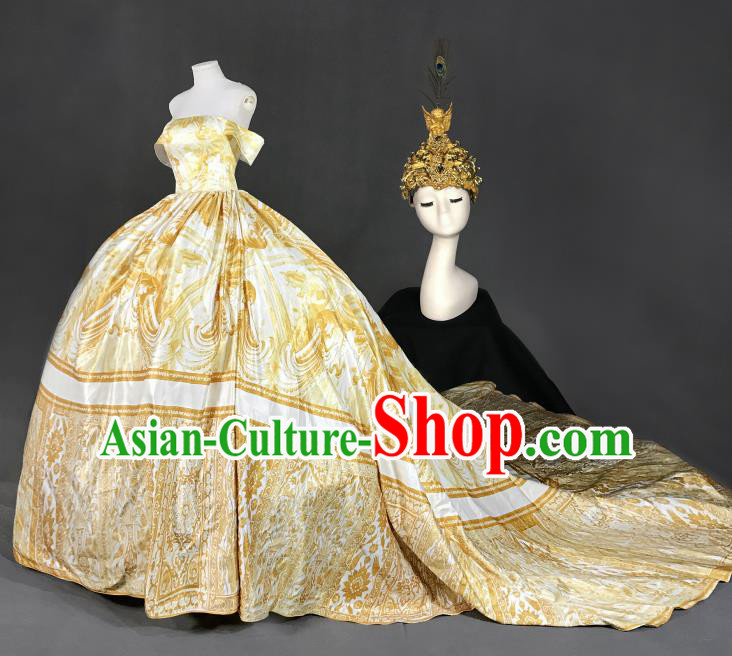 Top Grade Models Show Costume Stage Performance European Court Golden Full Dress for Women