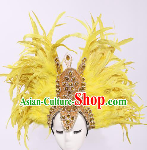 Top Grade Stage Performance Prop Models Show Brazilian Rio Carnival Yellow Feather Headwear for Women