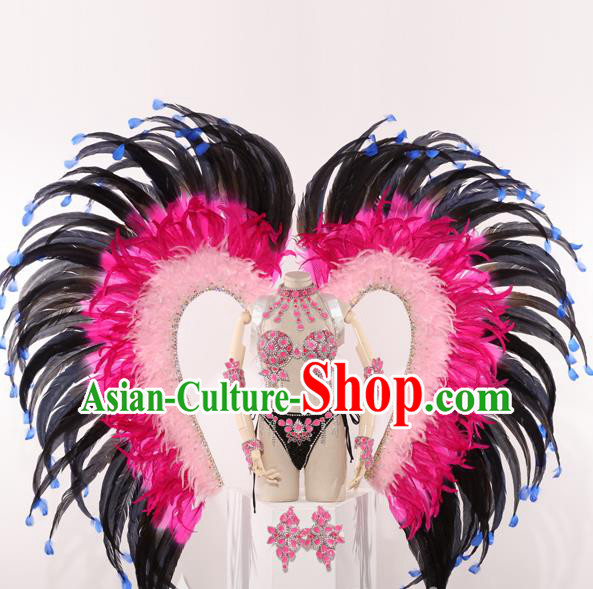 Top Grade Stage Performance Clothing Models Show Brazilian Rio Carnival Samba Dance Rosy Feather Costume and Wing for Women