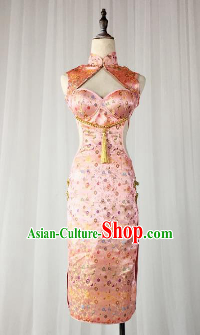 Top Grade Models Show Costume Stage Performance China Cheongsam Pink Full Dress for Women