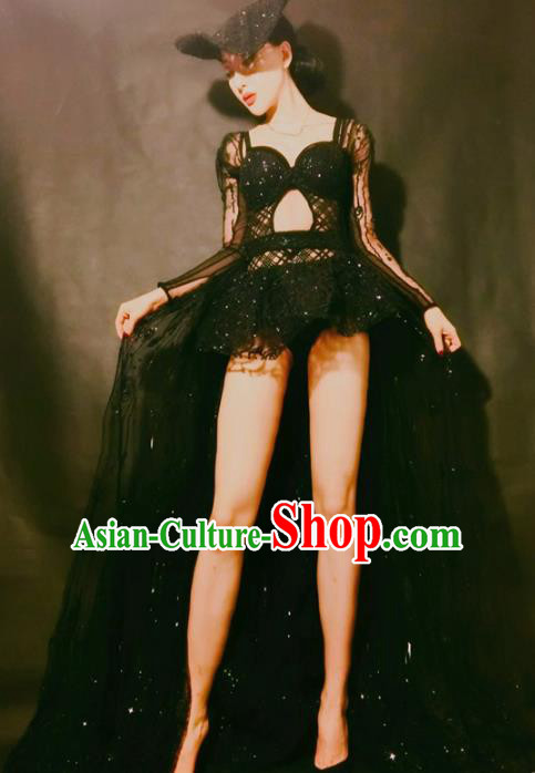 Top Grade Models Show Costume Stage Performance Black Trailing Full Dress for Women