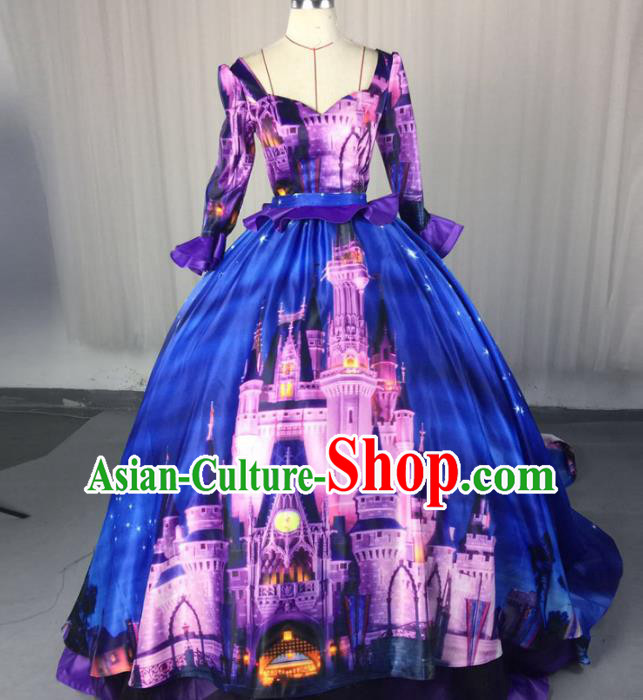 Top Grade Models Show Costume Stage Performance Catwalks Printing Blue Full Dress for Women