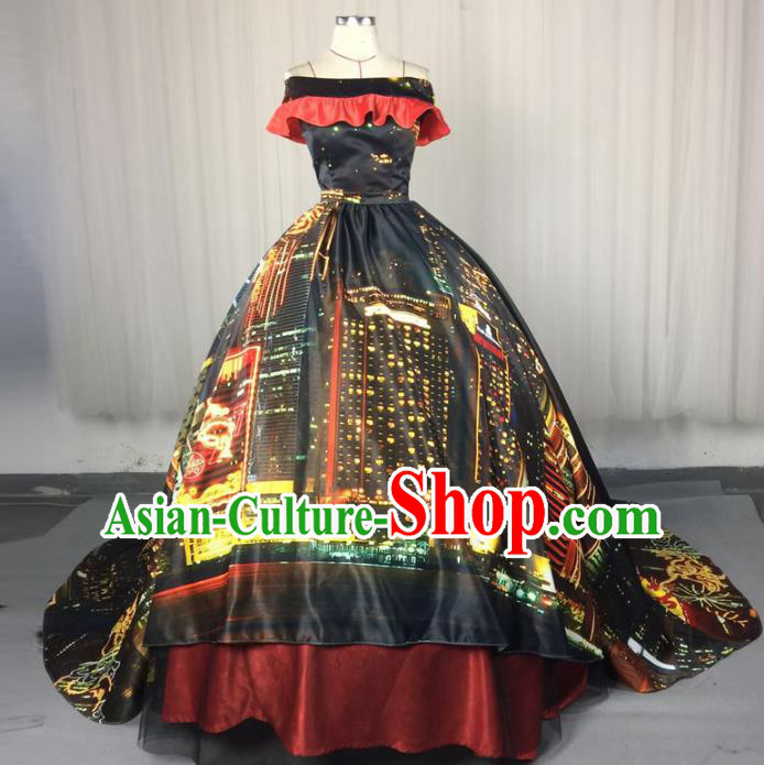 Top Grade Models Show Costume Stage Performance Catwalks Printing Black Full Dress for Women