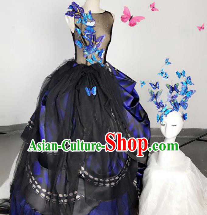 Top Grade Models Show Costume Stage Performance Catwalks Blue Butterfly Full Dress for Women