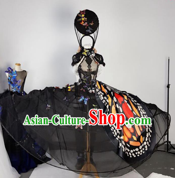 Top Grade Models Show Costume Stage Performance Catwalks Butterfly Black Full Dress for Women