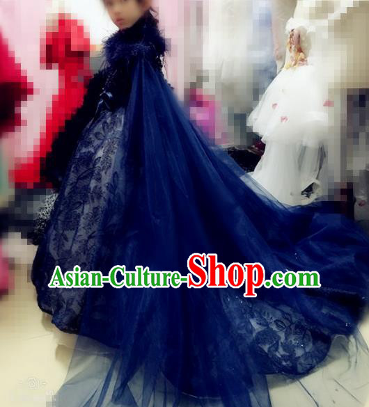 Children Models Show Costume Stage Performance Catwalks Compere Navy Veil Mullet Dress for Kids