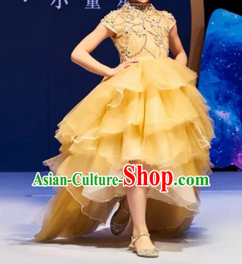 Children Models Show Costume Stage Performance Catwalks Compere Yellow Veil Mullet Dress for Kids