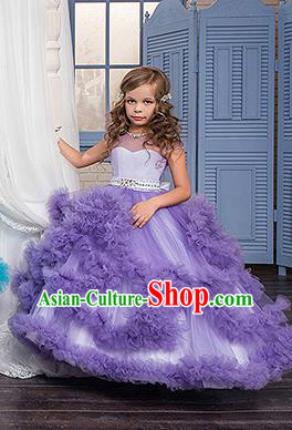Children Models Show Costume Stage Performance Catwalks Compere Purple Veil Full Dress for Kids