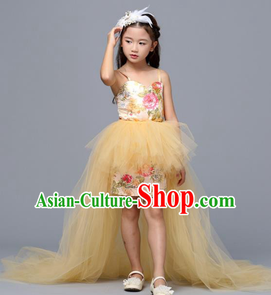 Children Models Show Costume Stage Performance Catwalks Compere Yellow Veil Dress for Kids