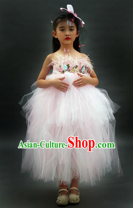 Children Models Show Costume Stage Performance Catwalks Compere Pink Veil Dress for Kids