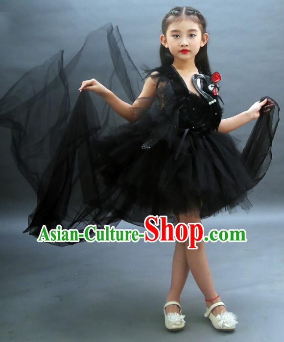 Children Models Show Costume Stage Performance Catwalks Compere Black Veil Dress for Kids