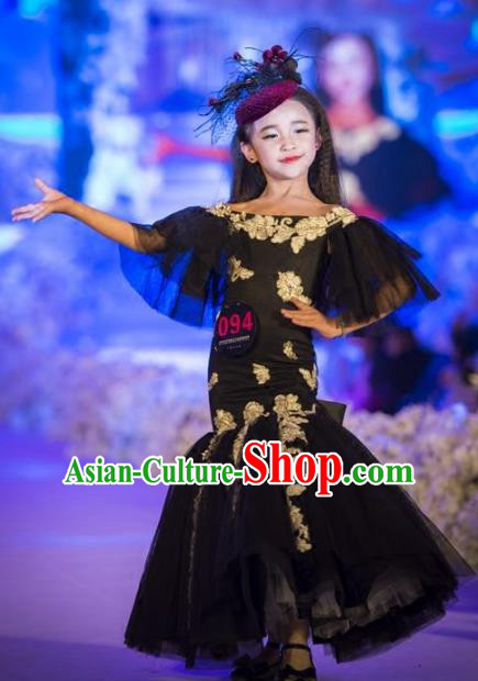 Children Models Show Costume Stage Performance Catwalks Compere Black Veil Mermaid Dress for Kids
