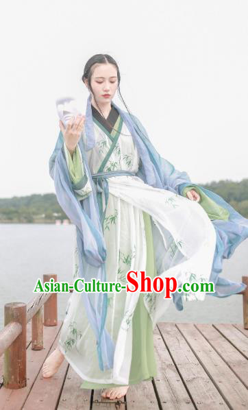 Chinese Jin Dynasty Princess Costume Ancient Nobility Lady Printing Bamboo Hanfu Dress for Women