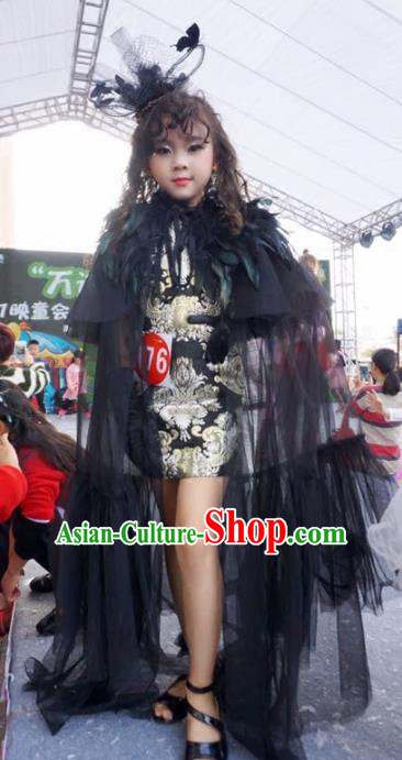 Children Models Show Costume Stage Performance Catwalks Compere Black Dress for Kids